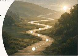 A winding path with milestones leading toward a bright horizon