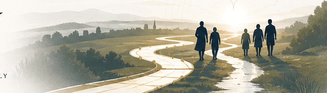 A bright path moving through a landscape toward a group of people